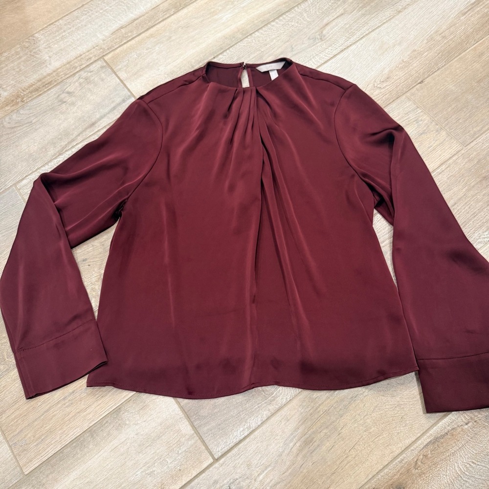 HM Burgundy Pleated Neck Long Sleeve Blouse Maroon Satin Finish Top Womens